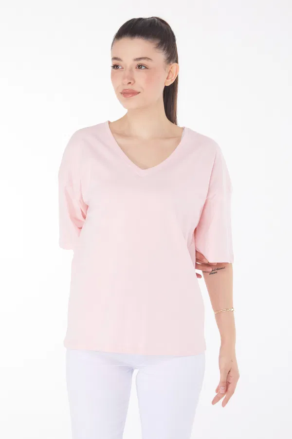 V Yaka Rahat T-Shirt Pembe