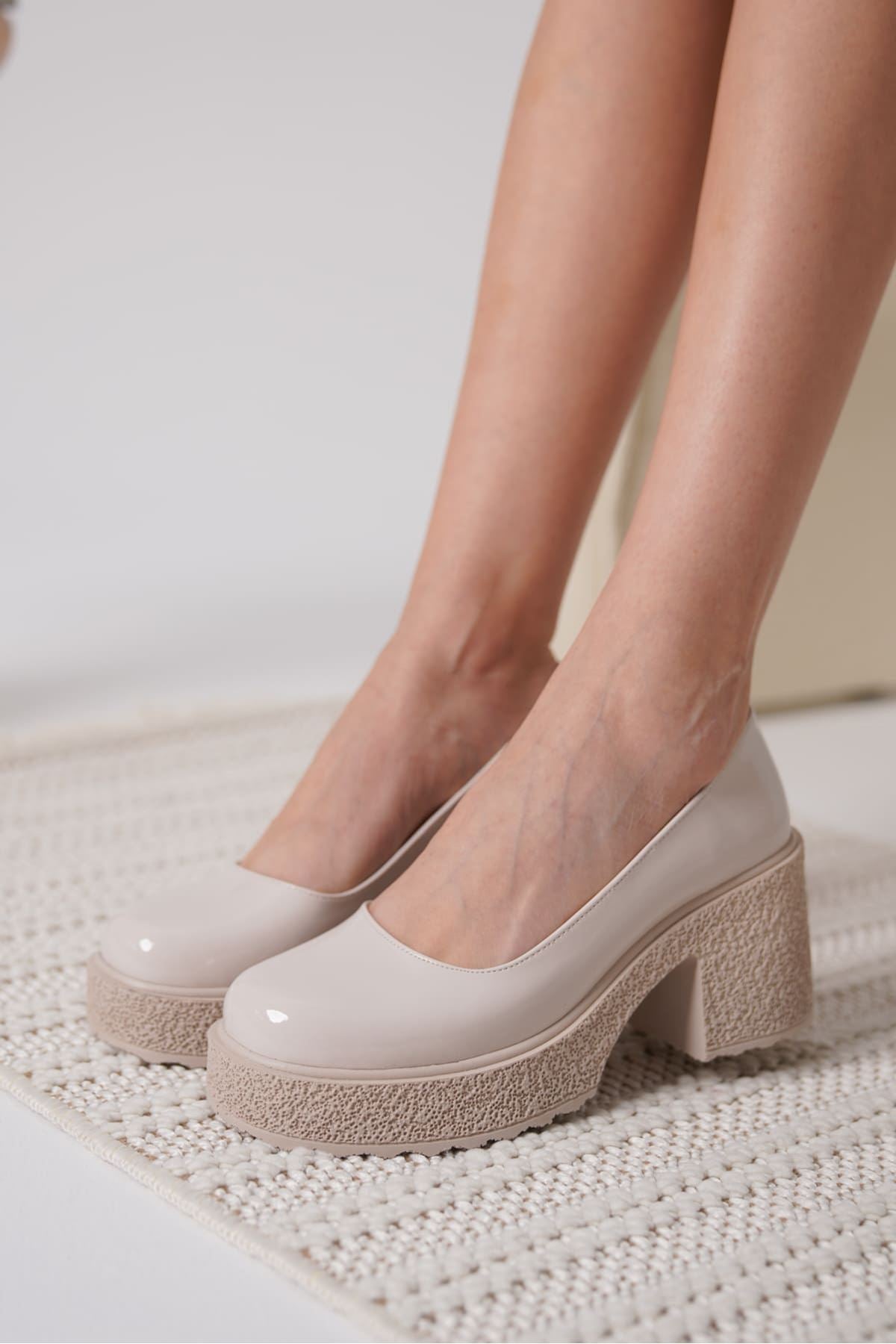 Talya Premium Women's Beige Patent Leather Wedge Heeled Shoes