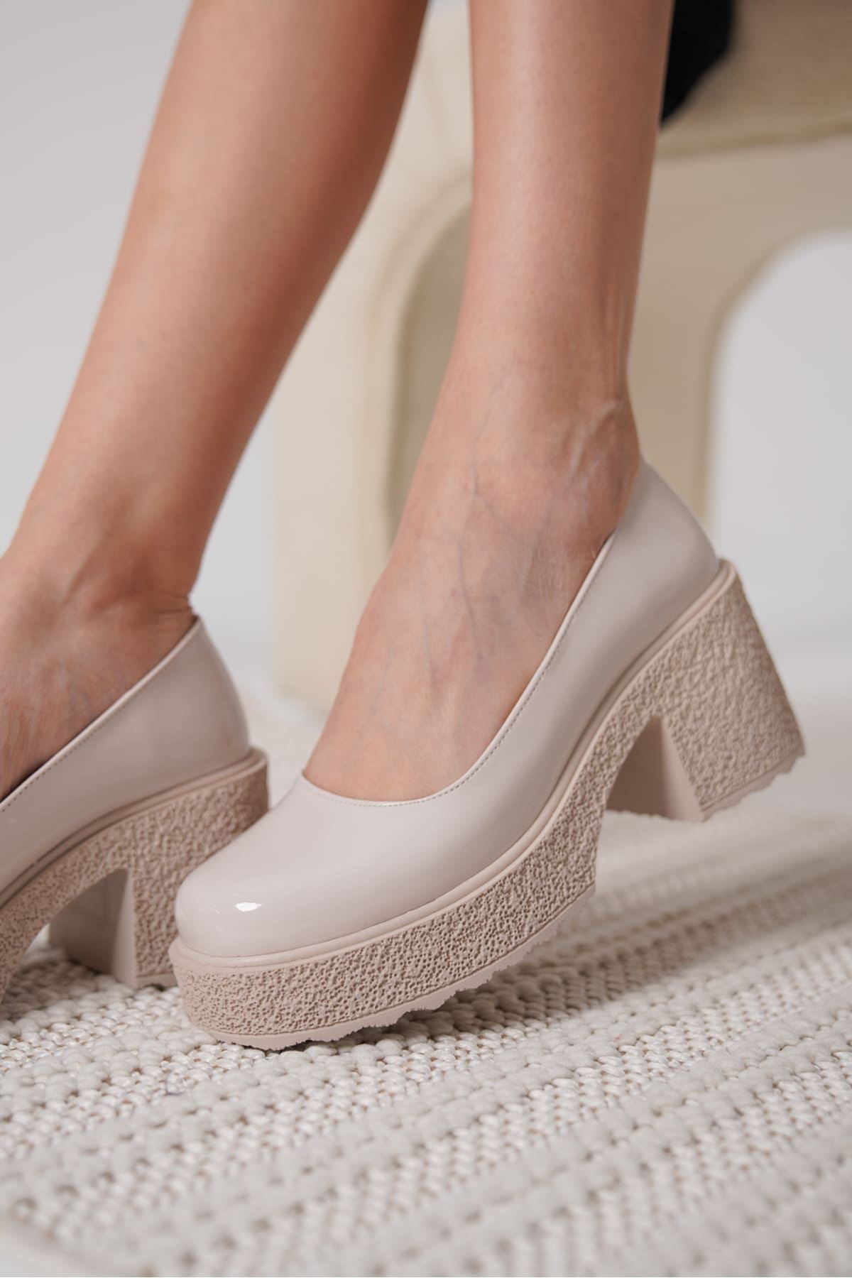 Talya Premium Women's Beige Patent Leather Wedge Heeled Shoes