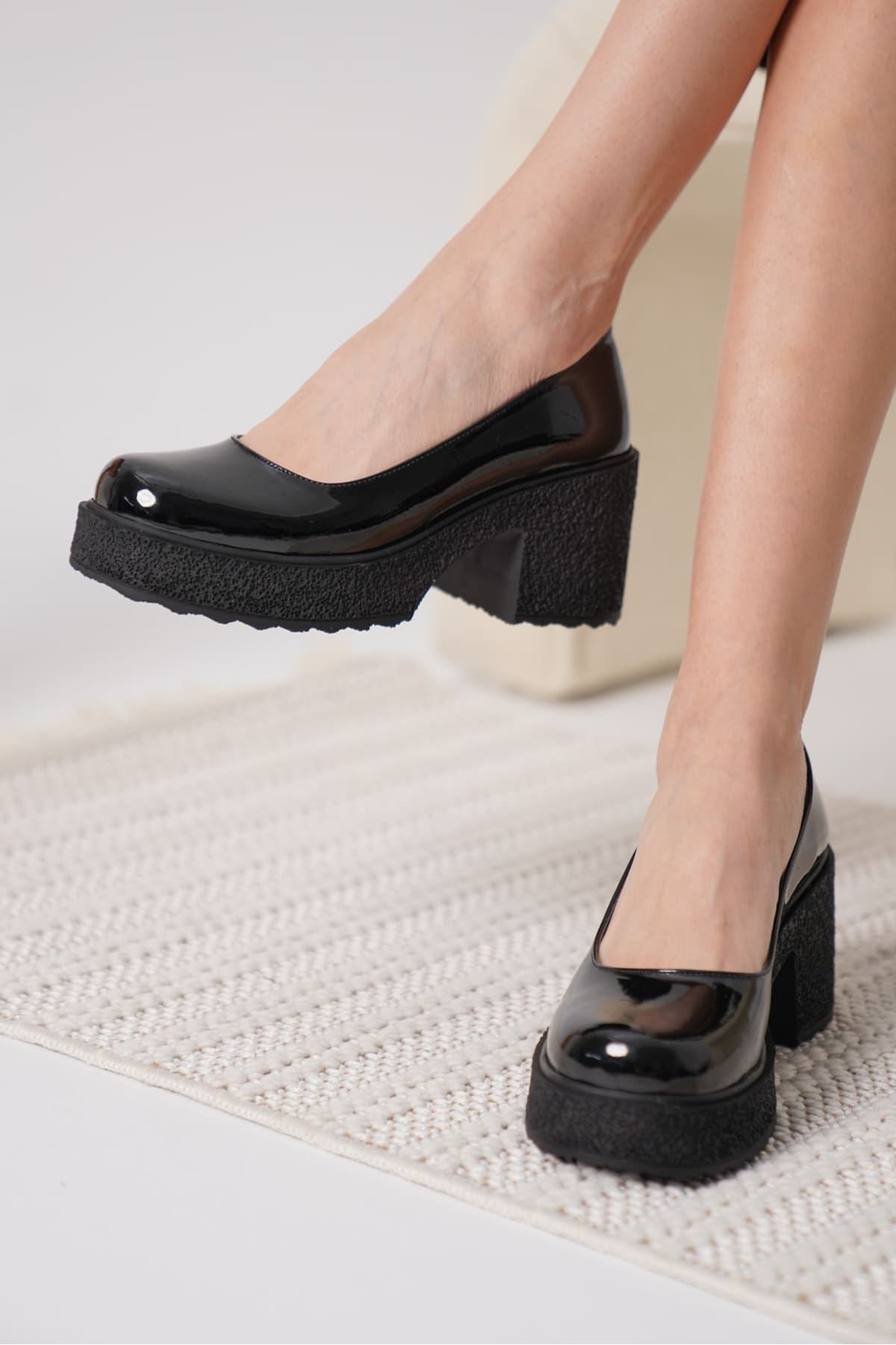 Talya Premium Women's Black Patent Leather Wedge Heeled Shoes