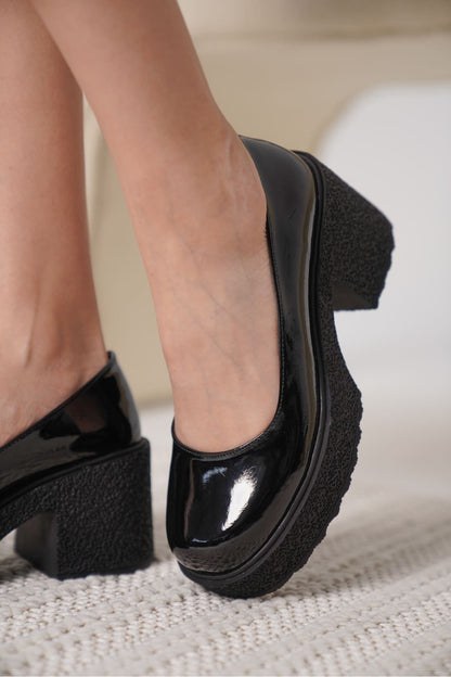 Talya Premium Women's Black Patent Leather Wedge Heeled Shoes