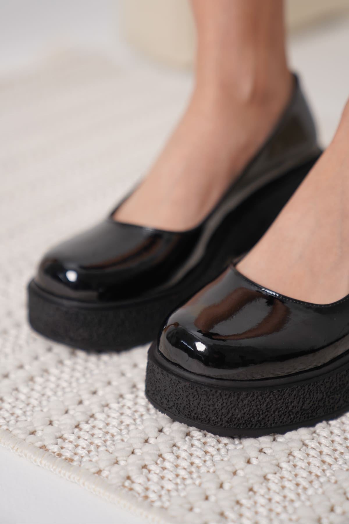 Talya Premium Women's Black Patent Leather Wedge Heeled Shoes