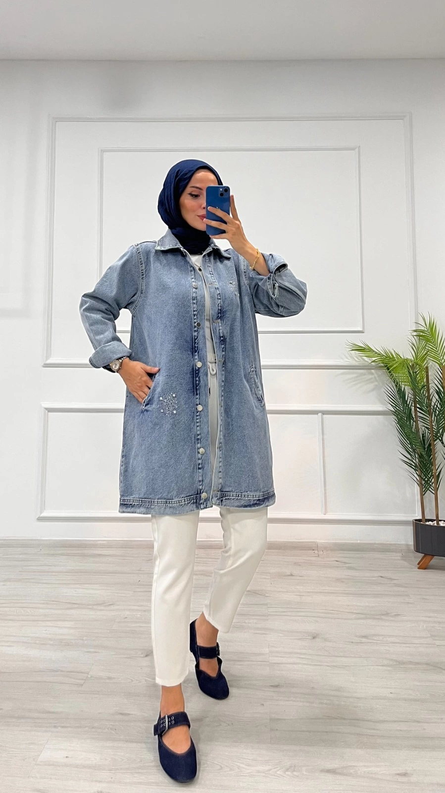 Taşlı Tunik Ceket Kar Yıkamalı Orta Mavi