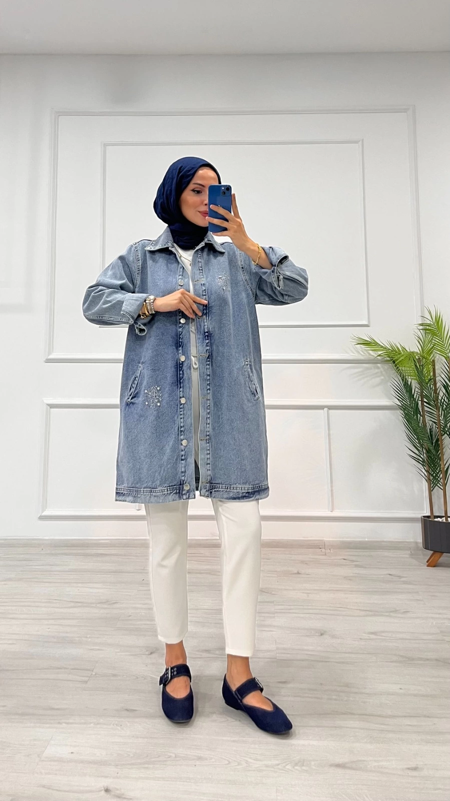 Taşlı Tunik Ceket Kar Yıkamalı Orta Mavi