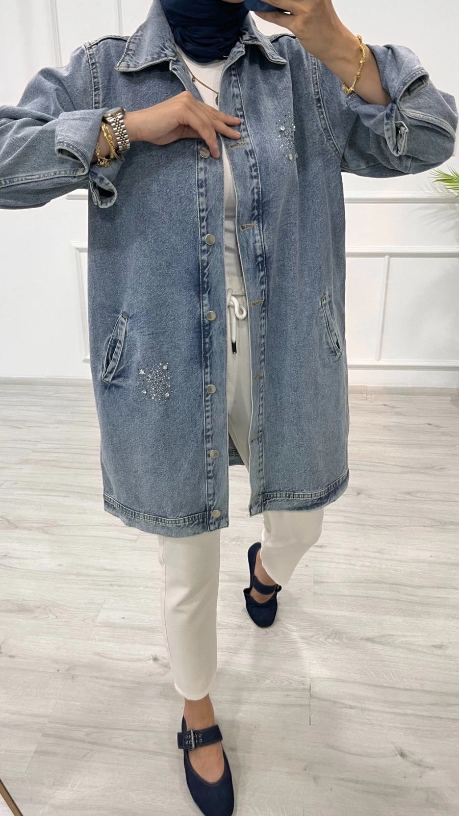 Taşlı Tunik Ceket Kar Yıkamalı Orta Mavi