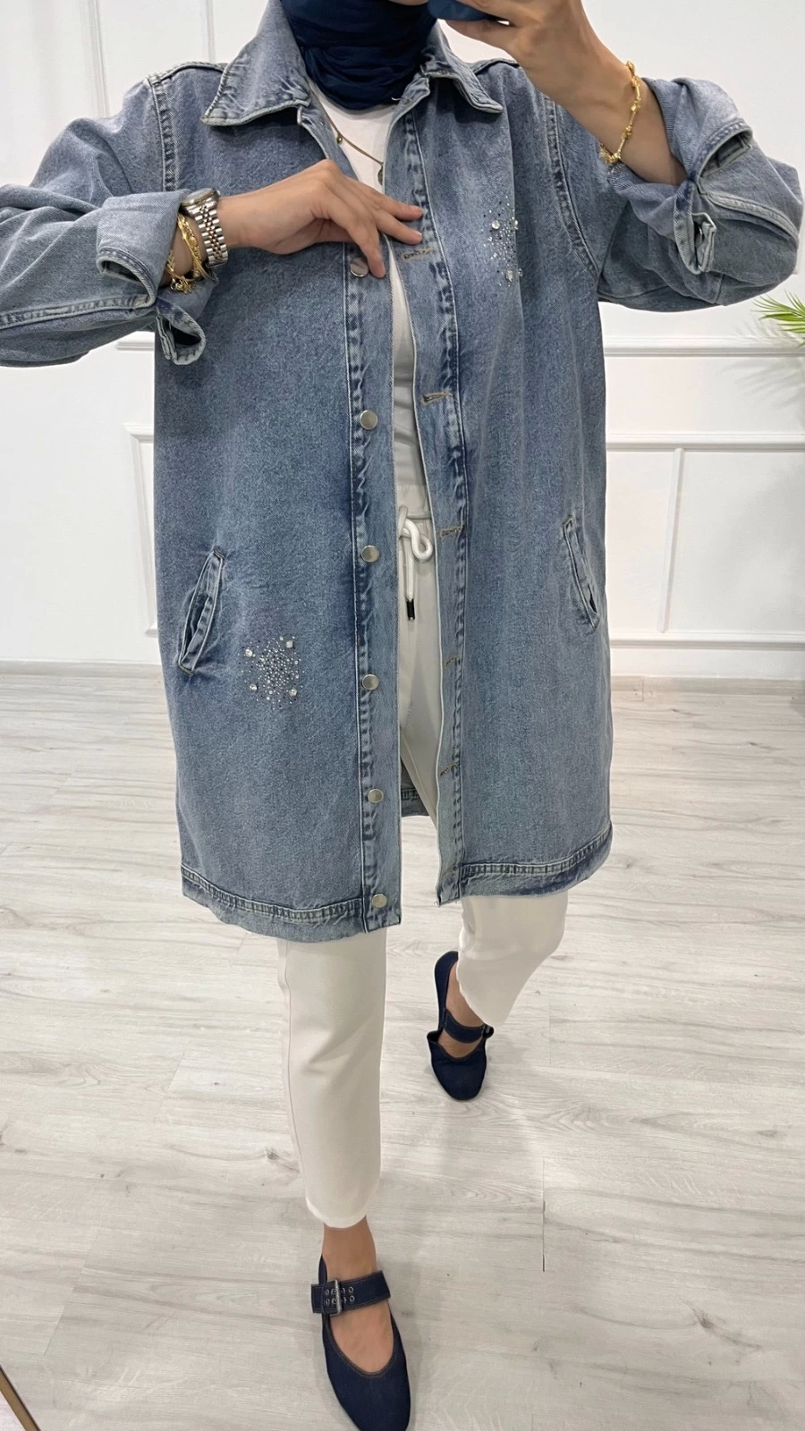 Taşlı Tunik Ceket Kar Yıkamalı Mavi