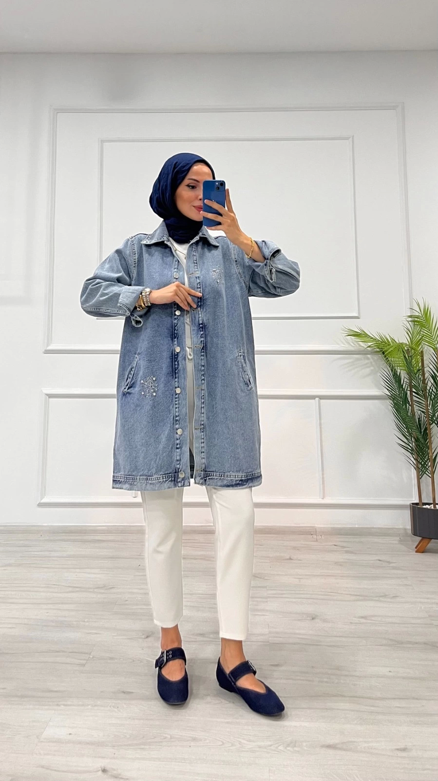 Taşlı Tunik Ceket Kar Yıkamalı Mavi