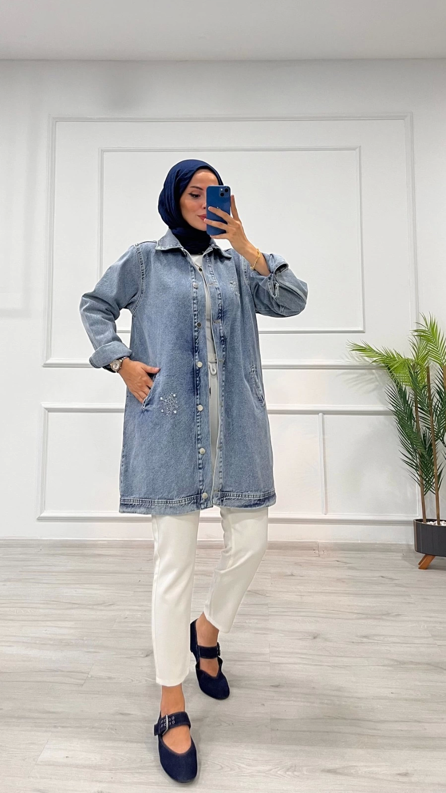 Taşlı Tunik Ceket Kar Yıkamalı Mavi