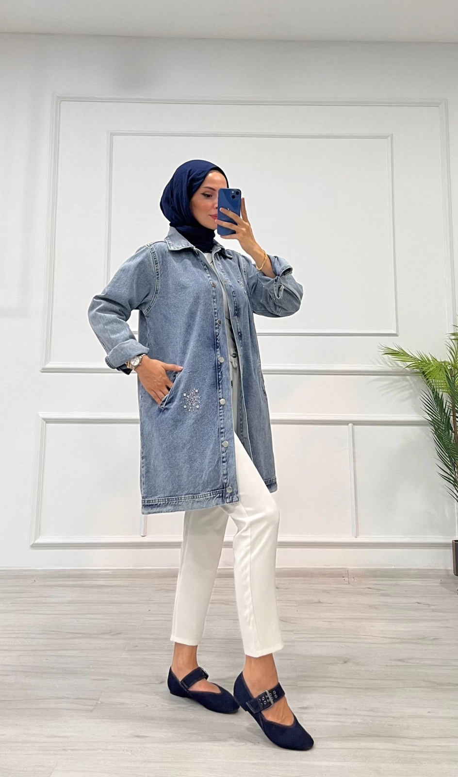 Taşlı Tunik Ceket Kar Yıkamalı Mavi