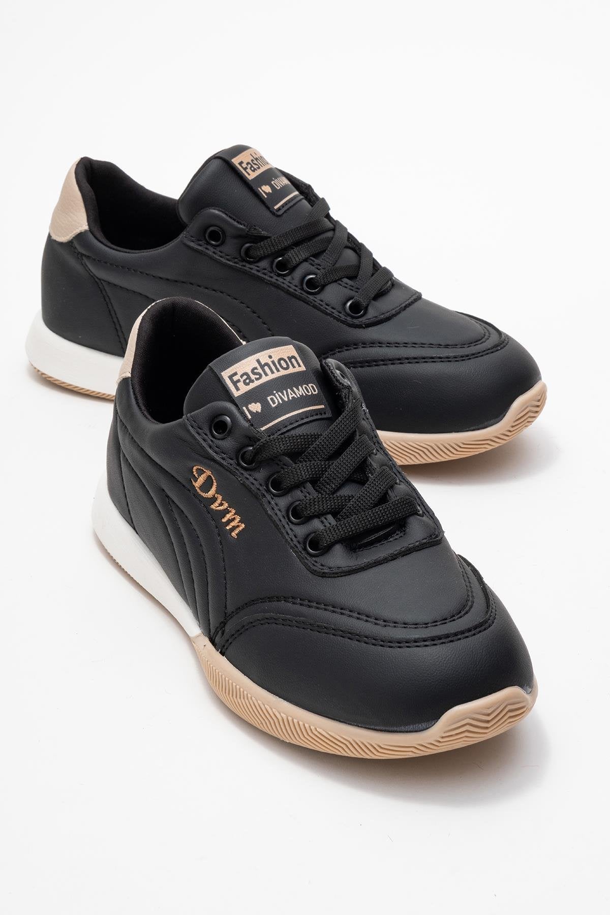 Virto Premium Siyah Bej Bağcıklı Kadın Spor Ayakkabı