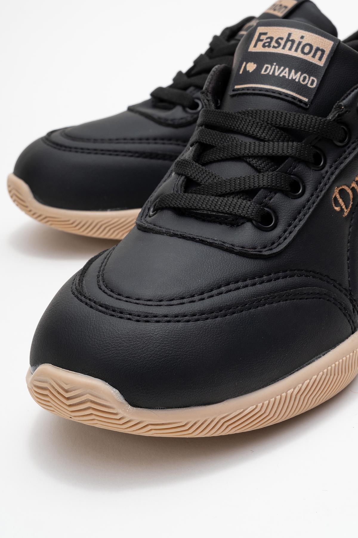 Virto Premium Siyah Bej Bağcıklı Kadın Spor Ayakkabı