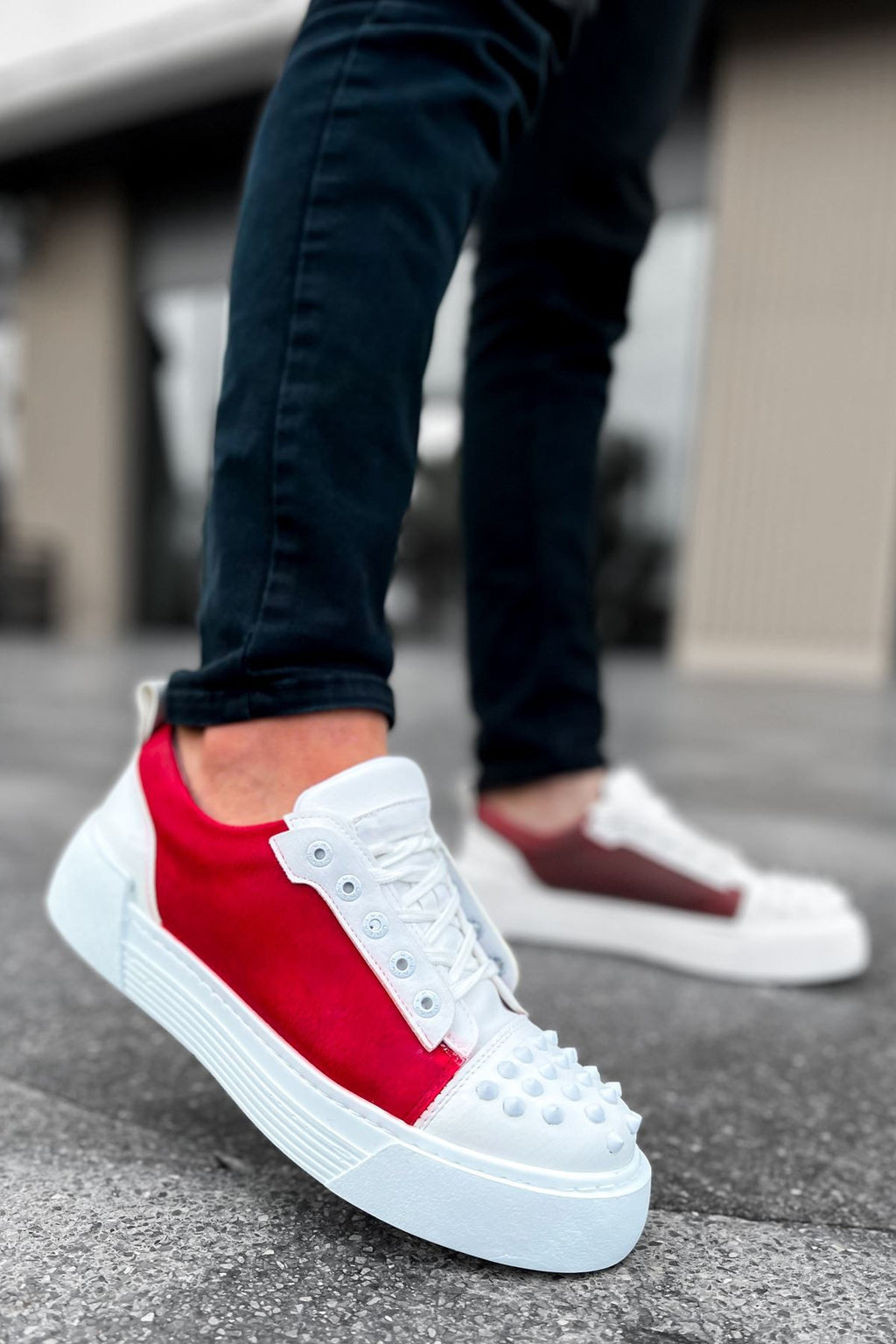 ZRC169 Yüksek Kalite Kalın Taban Bağcıklı Erkek Sneaker Beyaz Kırmızı