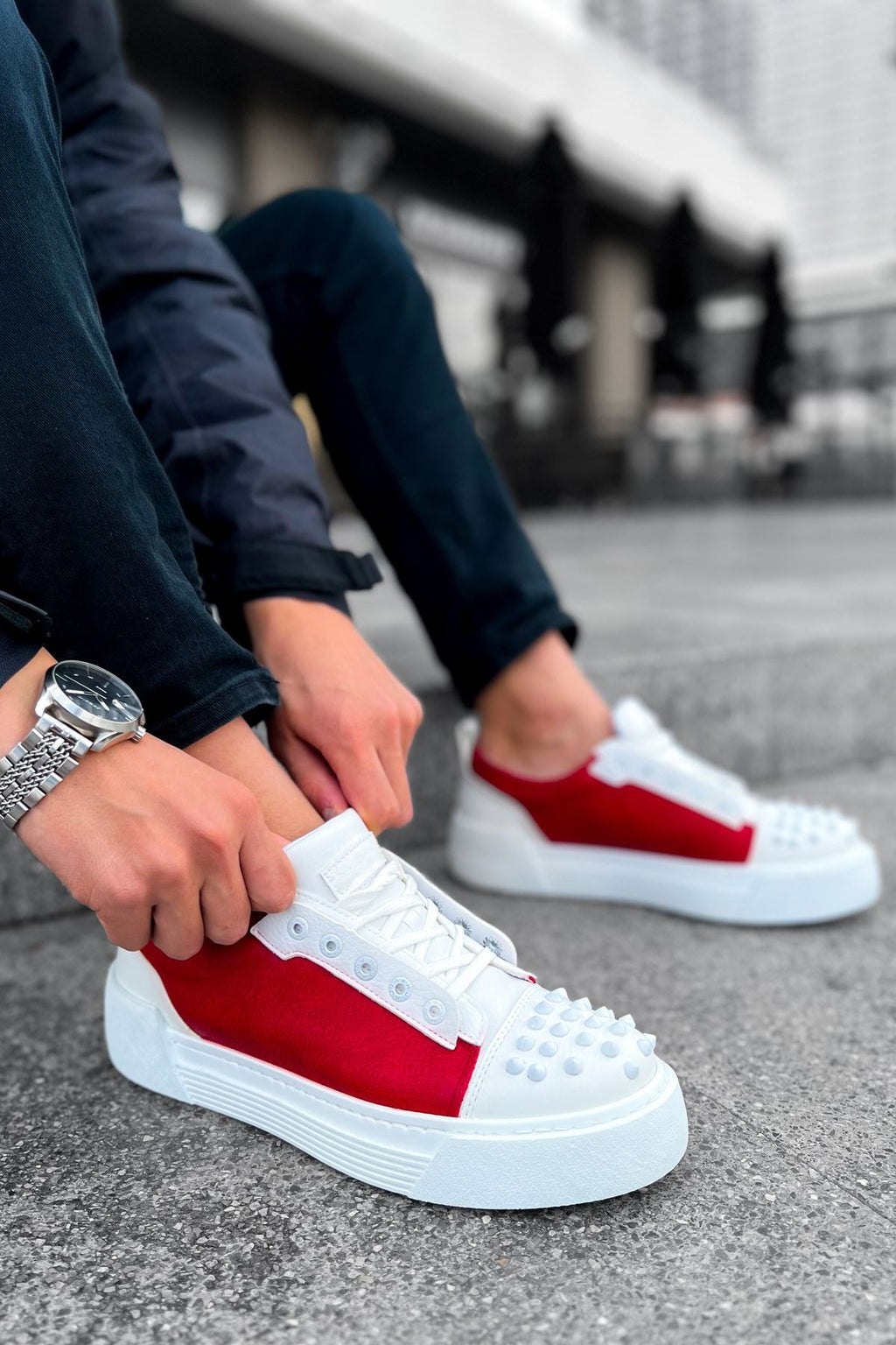 ZRC169 Yüksek Kalite Kalın Taban Bağcıklı Erkek Sneaker Beyaz Kırmızı