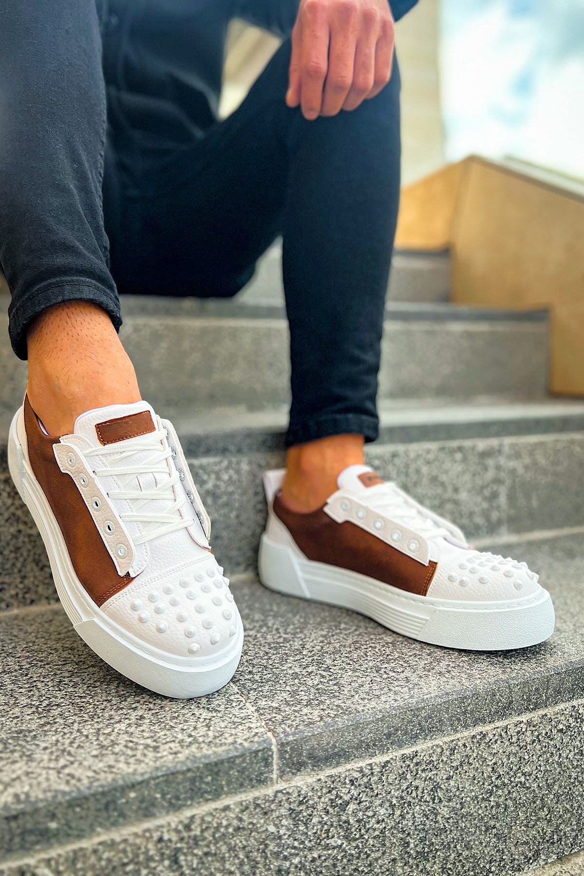 ZRC169 Yüksek Kalite Kalın Taban Bağcıklı Erkek Sneaker Beyaz Taba