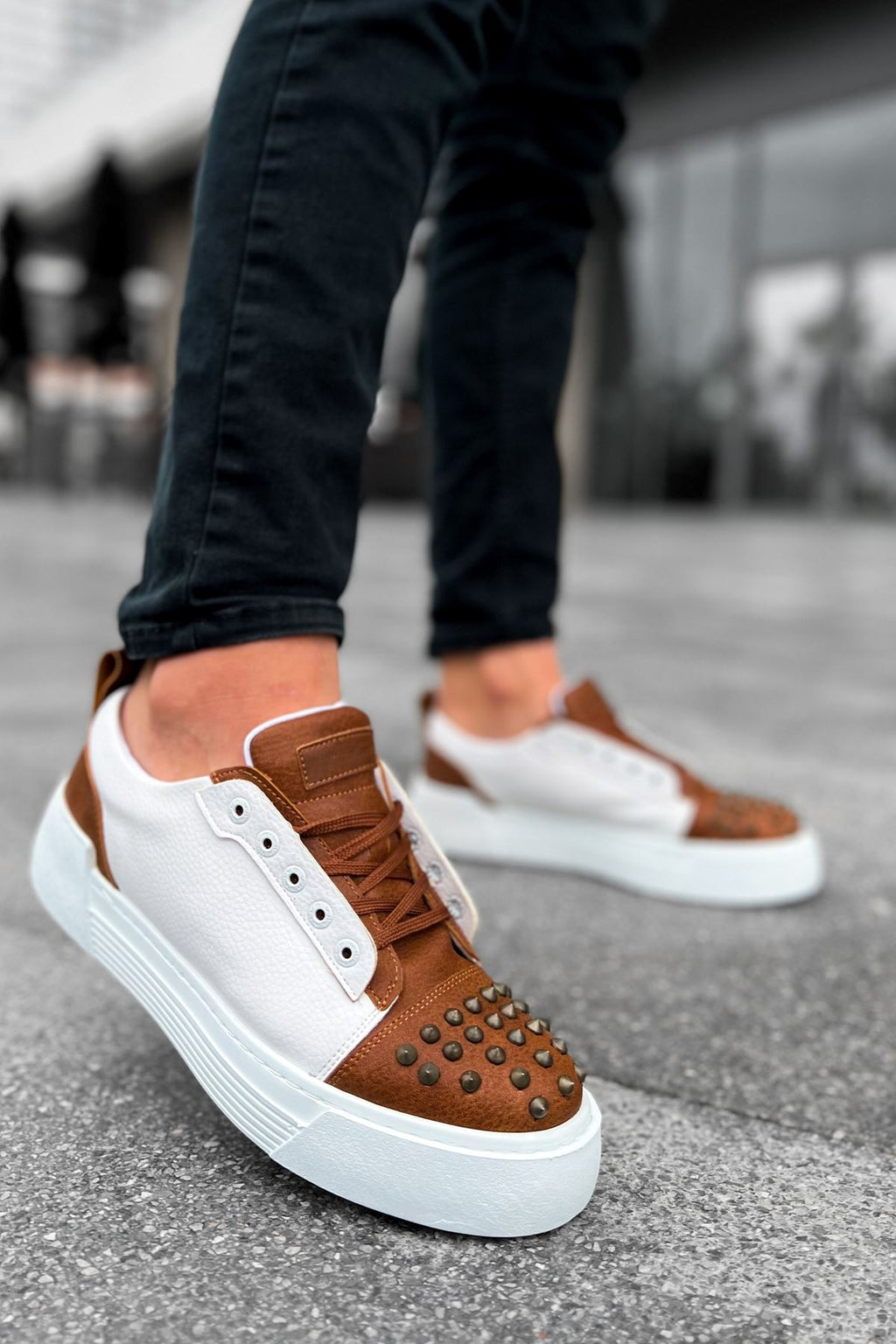 ZRC169 Yüksek Kalite Kalın Taban Bağcıklı Erkek Sneaker Taba Beyaz