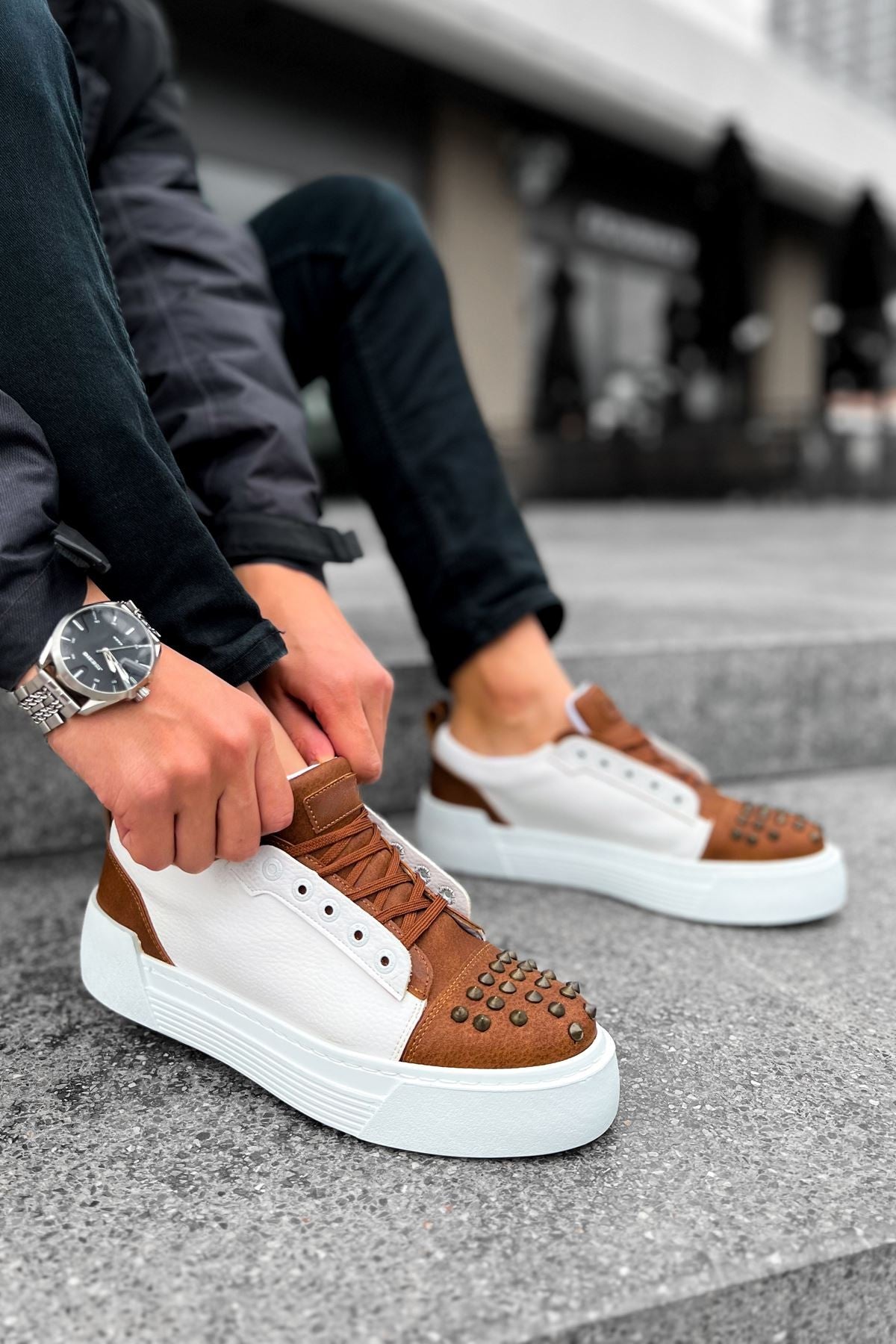 ZRC169 Yüksek Kalite Kalın Taban Bağcıklı Erkek Sneaker Taba Beyaz