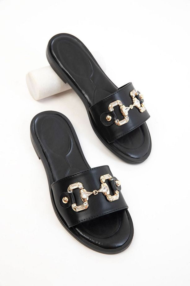Toha Premium Black Buckled Slippers
