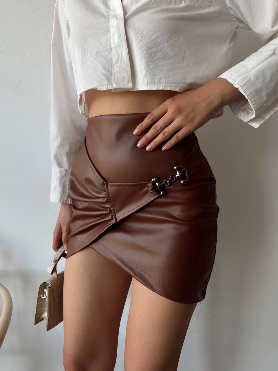 Tokalı Deri Etek Kahve