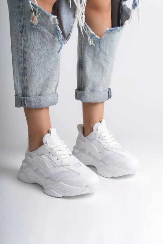Essen Bağcıklı Triko Detaylı Bağcıklı Beyaz Kadın Sneaker