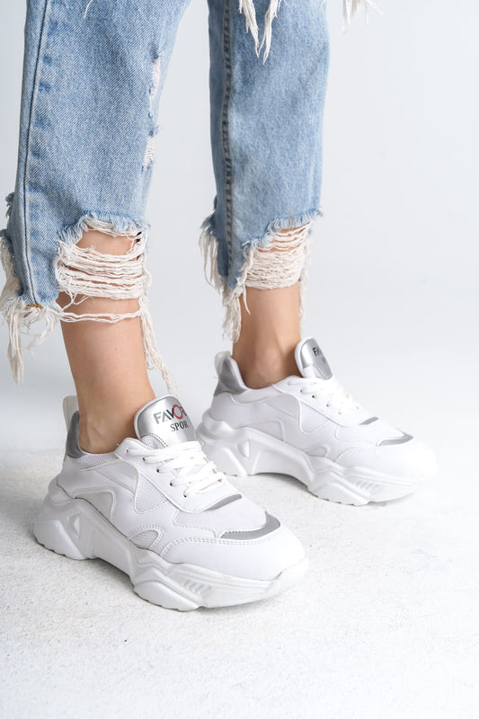 FlexStep Orthopedic Sole Knitted Sports Shoes White Silver