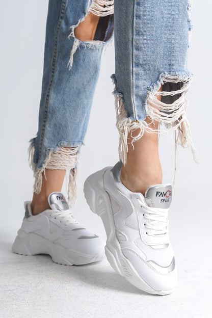 FlexStep Orthopedic Sole Knitted Sports Shoes White Silver