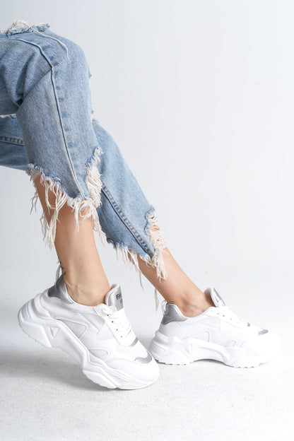 FlexStep Orthopedic Sole Knitted Sports Shoes White Silver