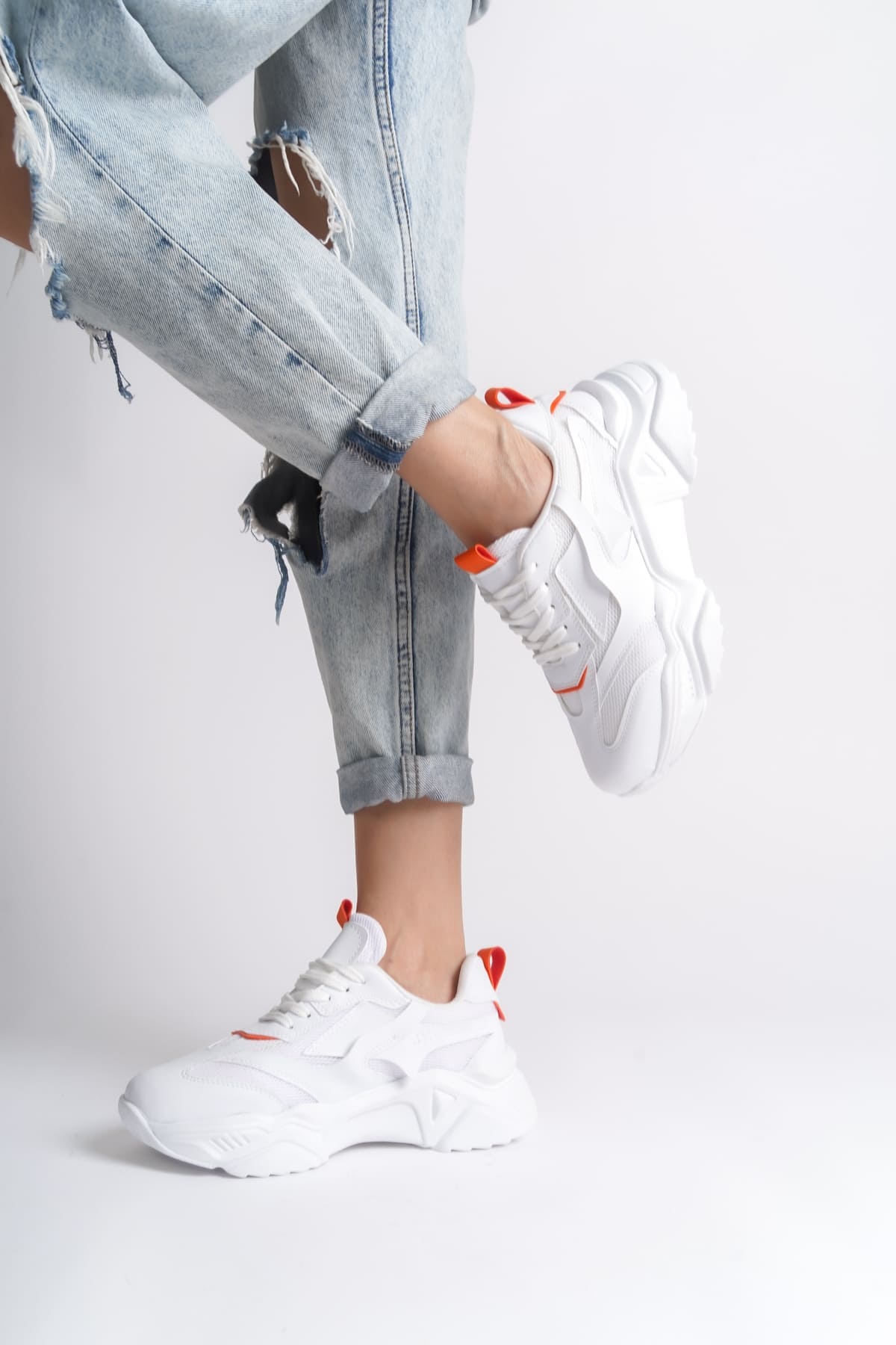 FlexStep Orthopedic Sole Knitted Sports Shoes White Orange