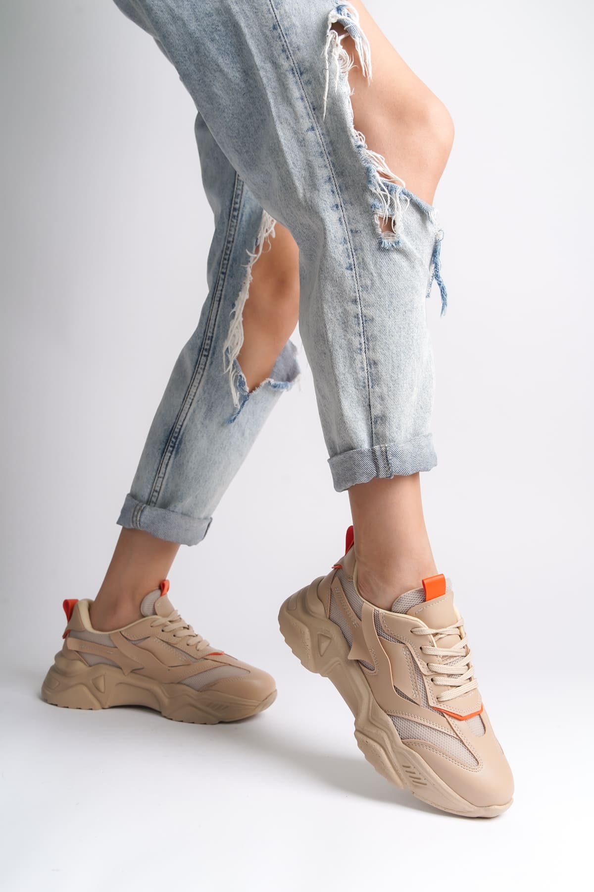 FlexStep Orthopedic Sole Knitted Sports Shoes Beige Orange