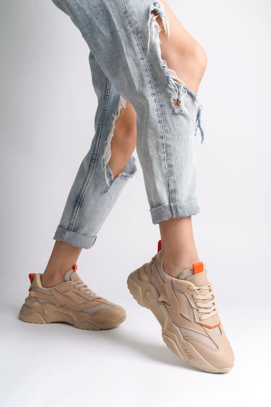 FlexStep Orthopedic Sole Knitted Sports Shoes Beige Orange