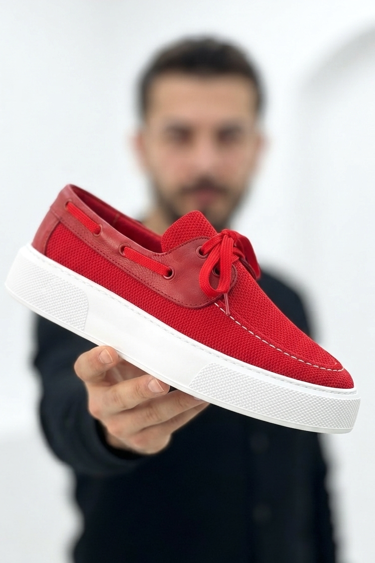 ZRC2602 - Premium Triko Erkek Bağcıklı Loafer Kırmızı