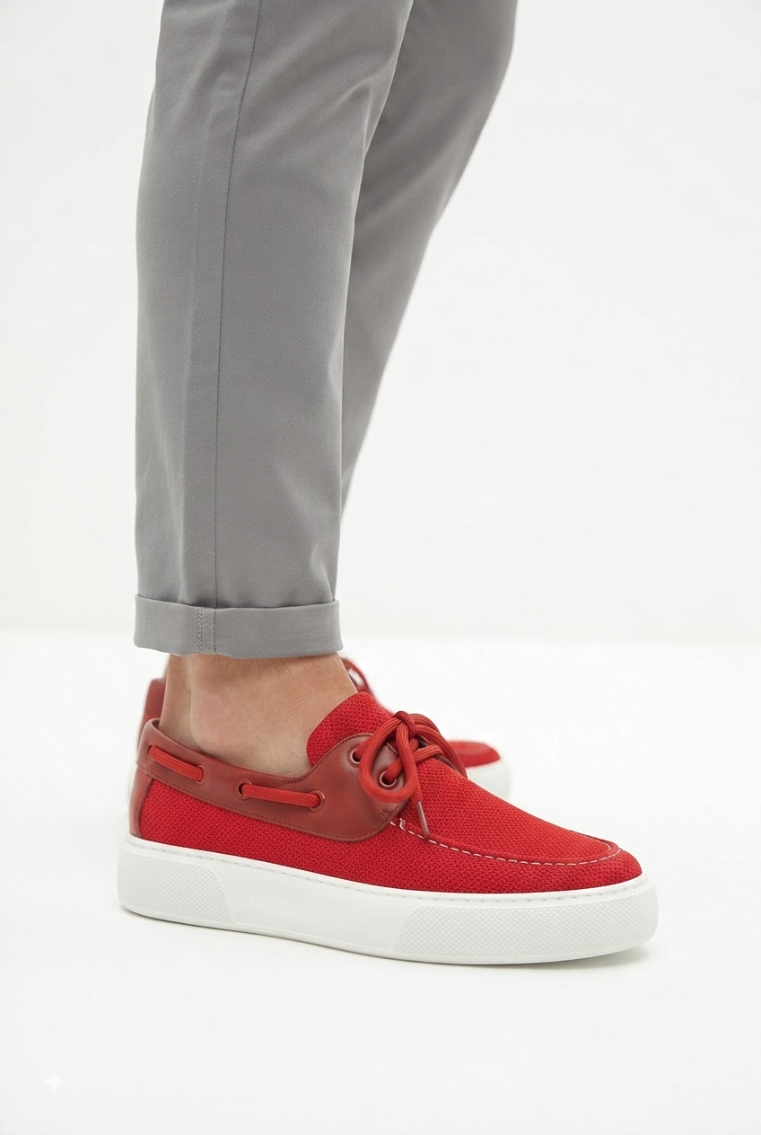ZRC2602 - Premium Triko Erkek Bağcıklı Loafer Kırmızı