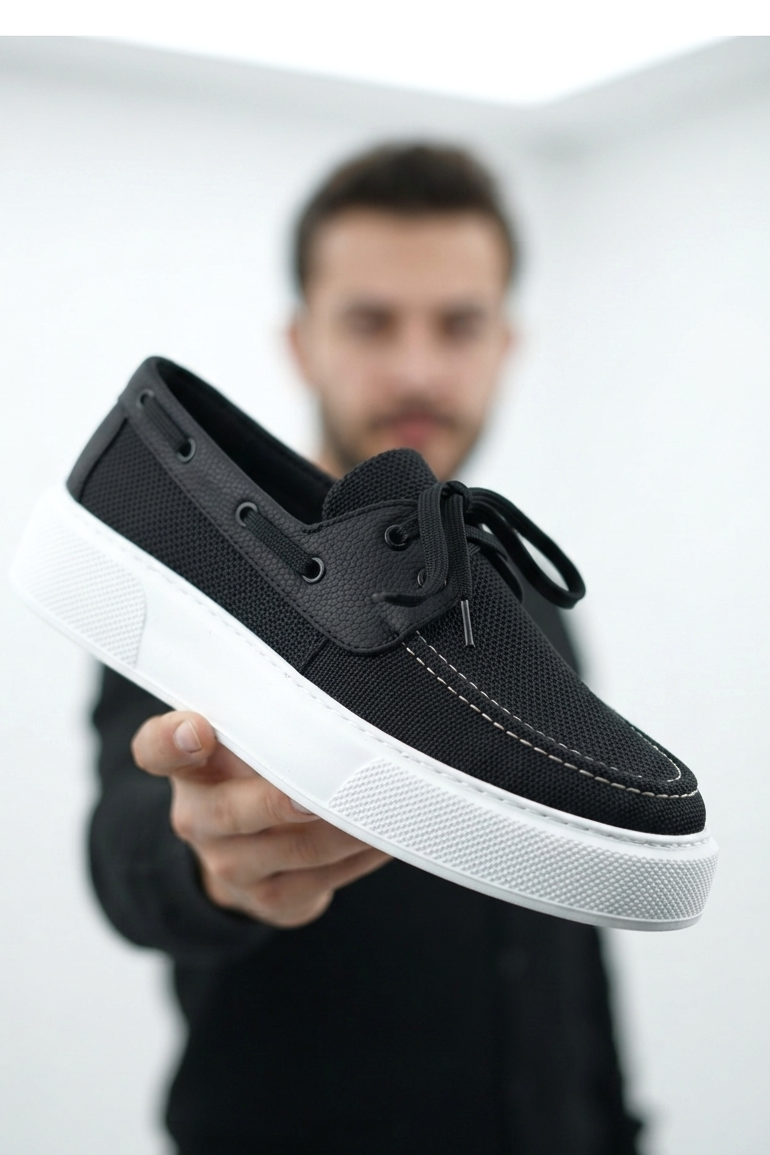 ZRC2602 - Premium Triko Erkek Bağcıklı Loafer Siyah Beyaz