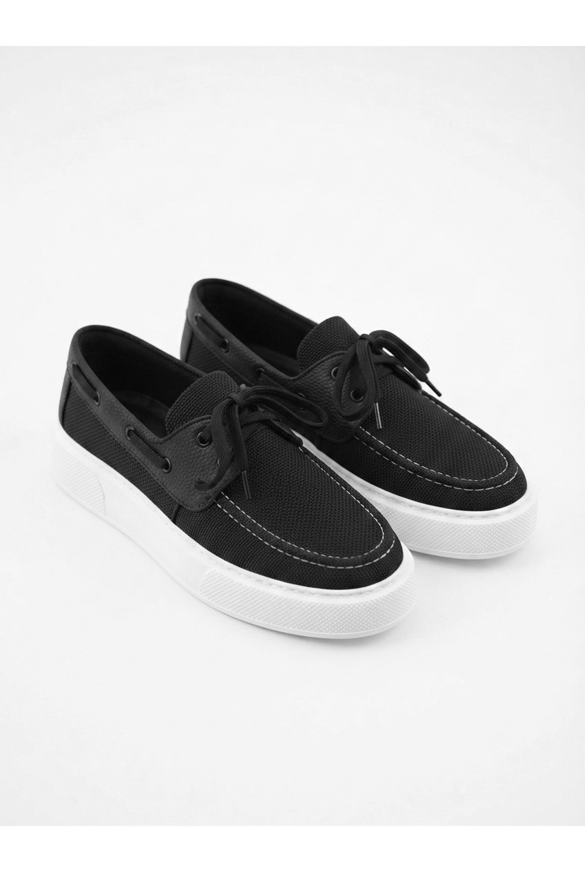 ZRC2602 - Premium Triko Erkek Bağcıklı Loafer Siyah Beyaz