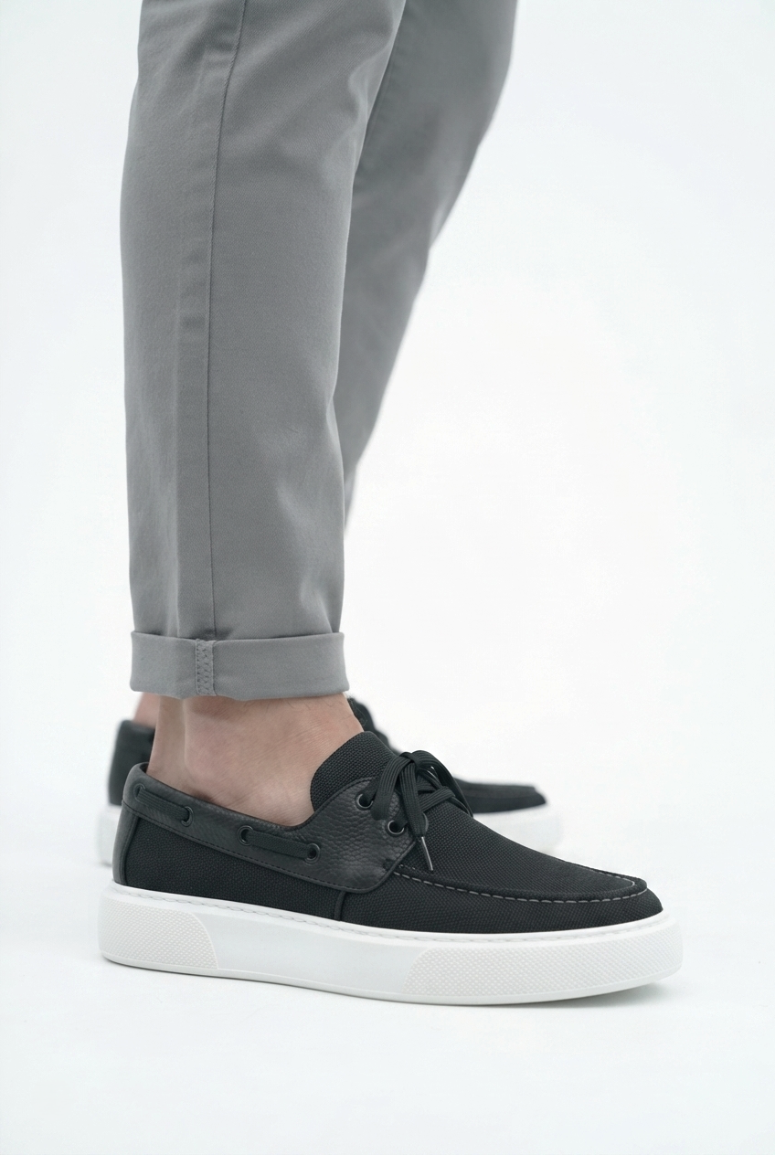 ZRC2602 - Premium Triko Erkek Bağcıklı Loafer Siyah Beyaz