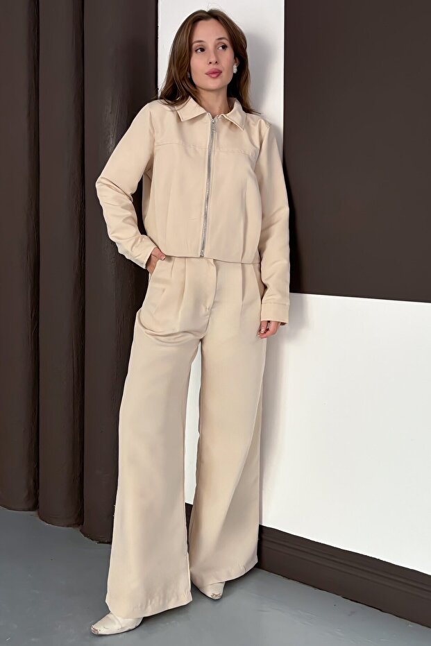 Fermuar Kapamalı Bol Paça Alt Üst Trenç Takım Bej