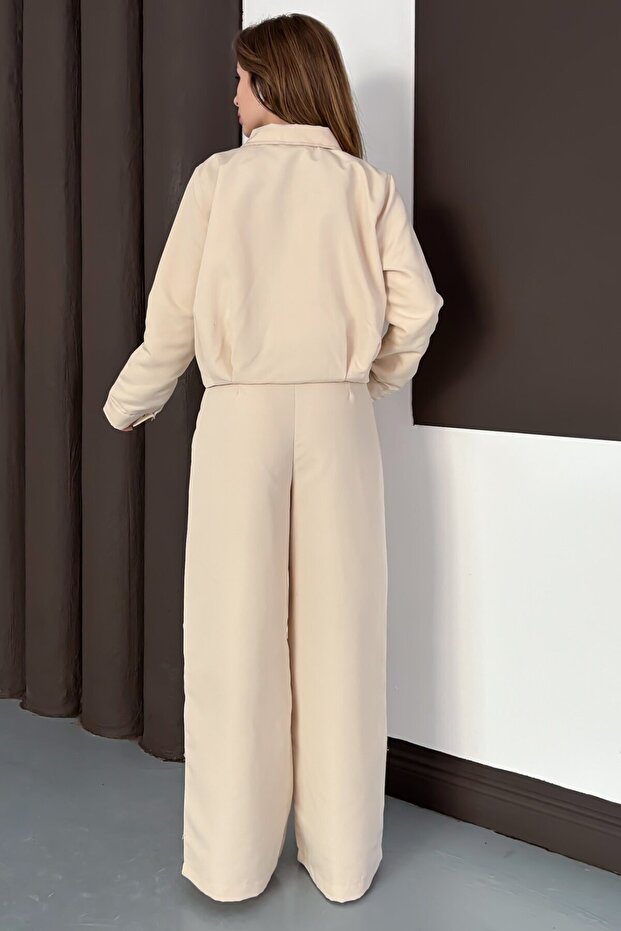 Fermuar Kapamalı Bol Paça Alt Üst Trenç Takım Bej