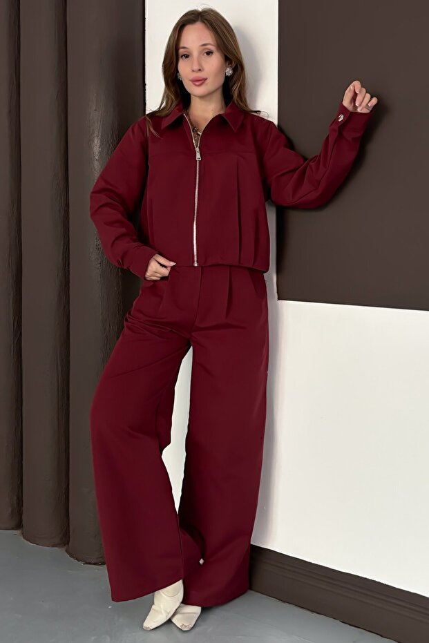 Fermuar Kapamalı Bol Paça Alt Üst Trenç Takım Bordo