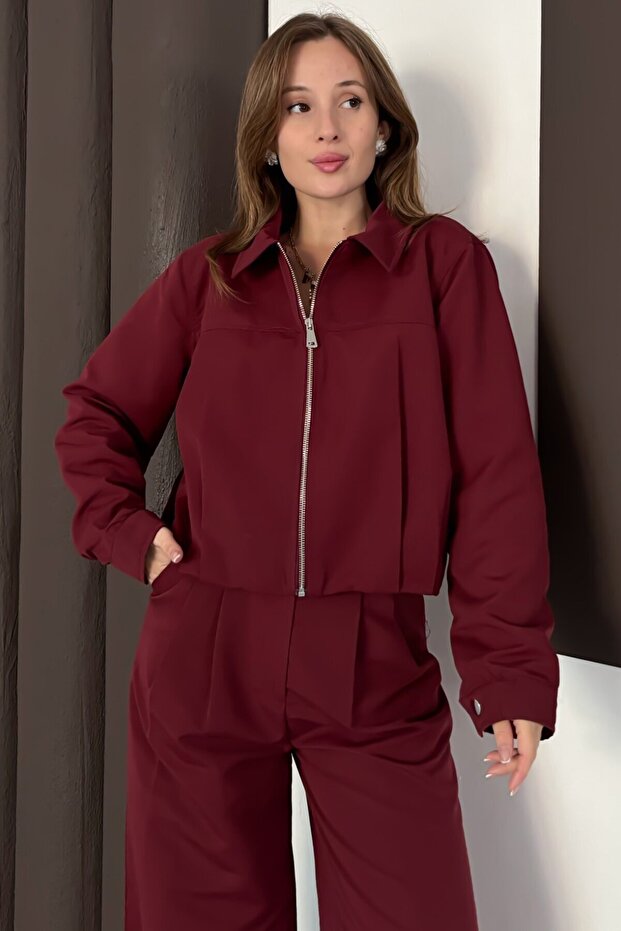 Fermuar Kapamalı Bol Paça Alt Üst Trenç Takım Bordo