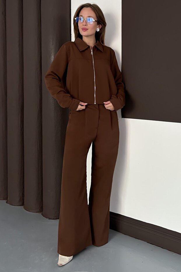 Fermuar Kapamalı Bol Paça Alt Üst Trenç Takım Kahve