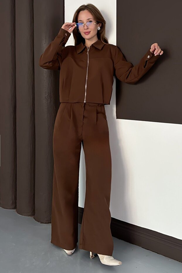 Fermuar Kapamalı Bol Paça Alt Üst Trenç Takım Kahve