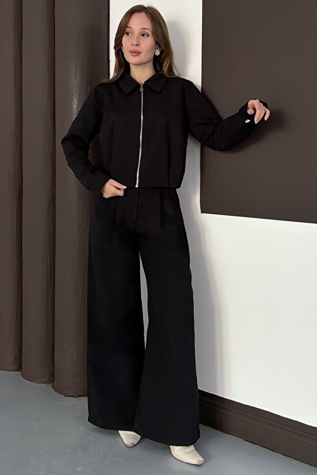 Fermuar Kapamalı Bol Paça Alt Üst Trenç Takım Siyah