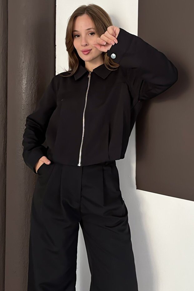 Fermuar Kapamalı Bol Paça Alt Üst Trenç Takım Siyah