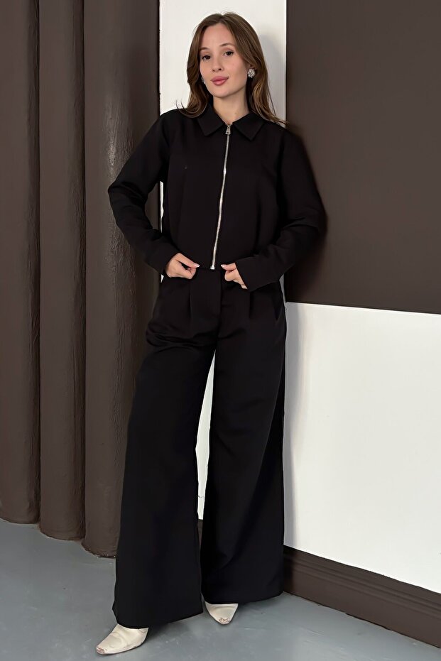 Fermuar Kapamalı Bol Paça Alt Üst Trenç Takım Siyah