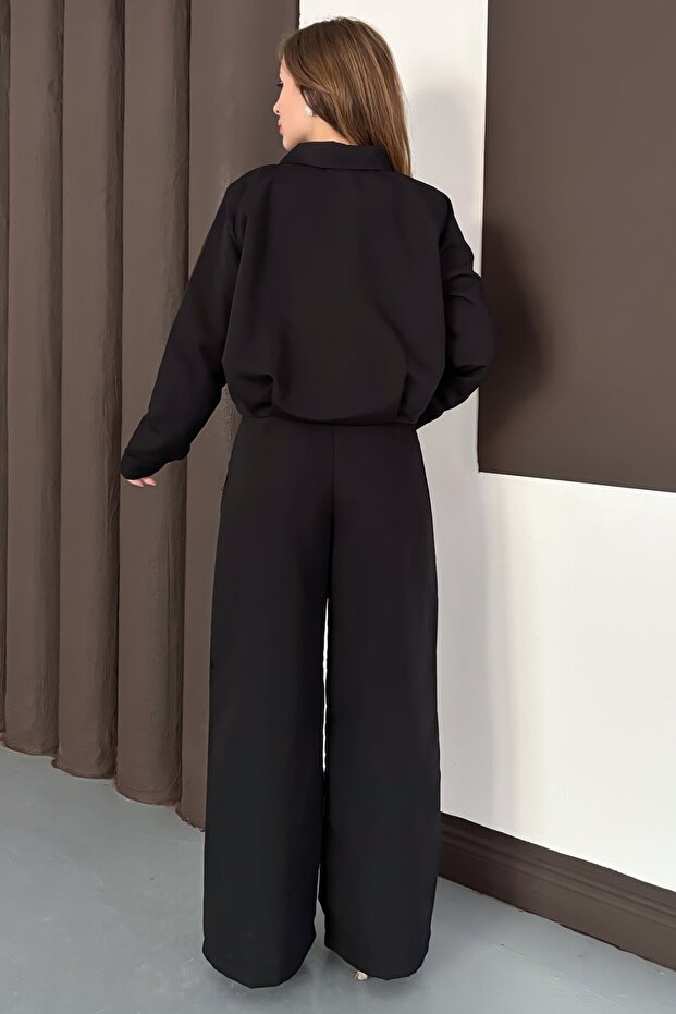 Fermuar Kapamalı Bol Paça Alt Üst Trenç Takım Siyah