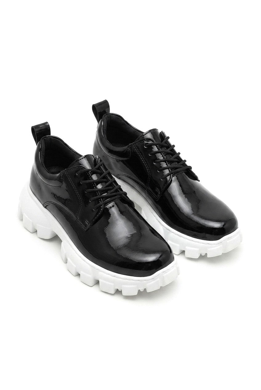 Trox Premium Trakör Taban 5 cm Boy Uzatan Erkek Spor Casual Ayakkabı Siyah Beyaz Rugan