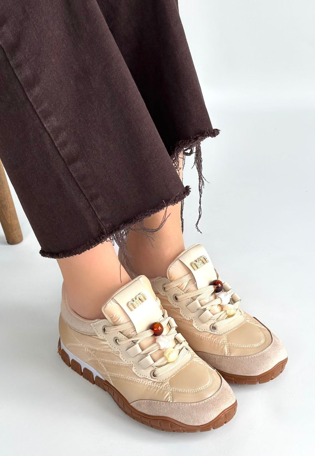 Tues Premium Bej Nubuk Bağcıklı Kadın Sneaker