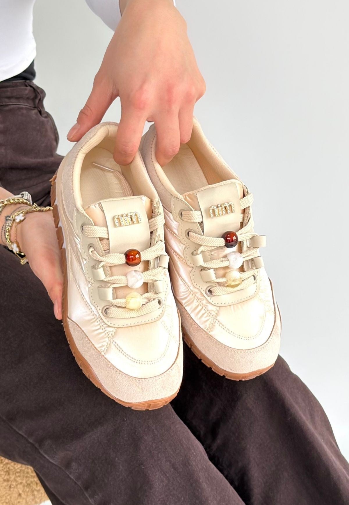 Tues Premium Bej Nubuk Bağcıklı Kadın Sneaker