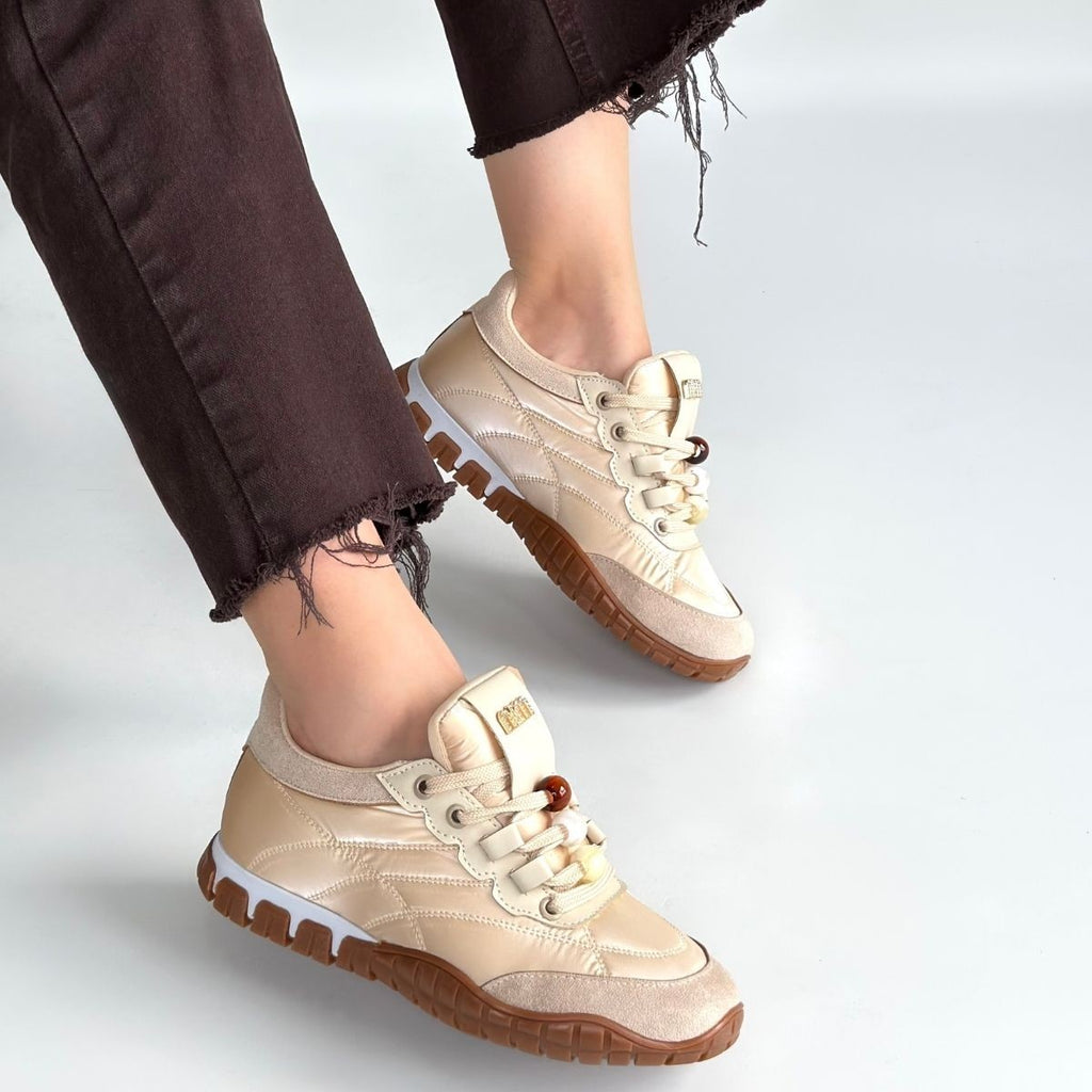 Tues Premium Bej Nubuk Bağcıklı Kadın Sneaker