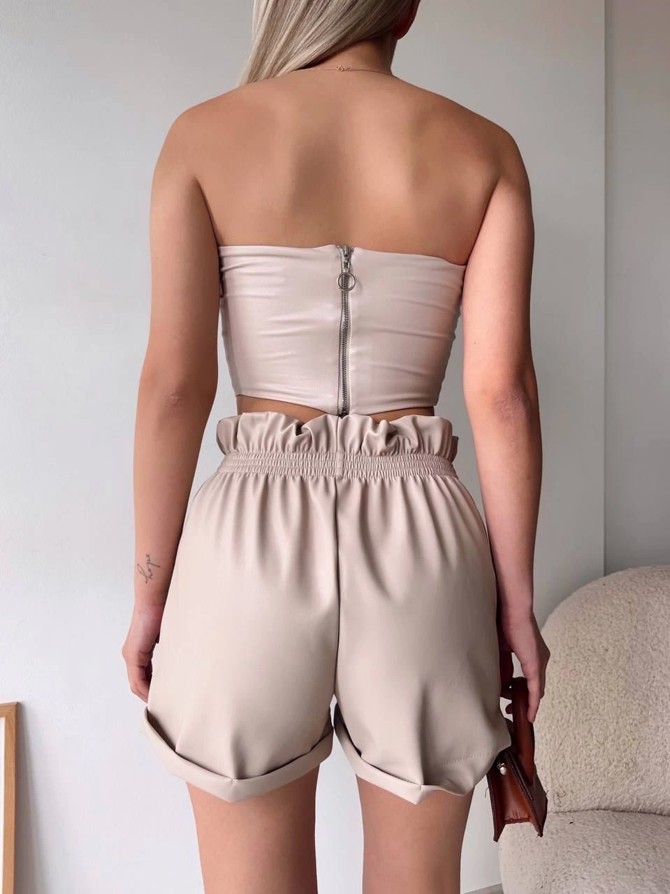 Tüllü Deri Crop Bej