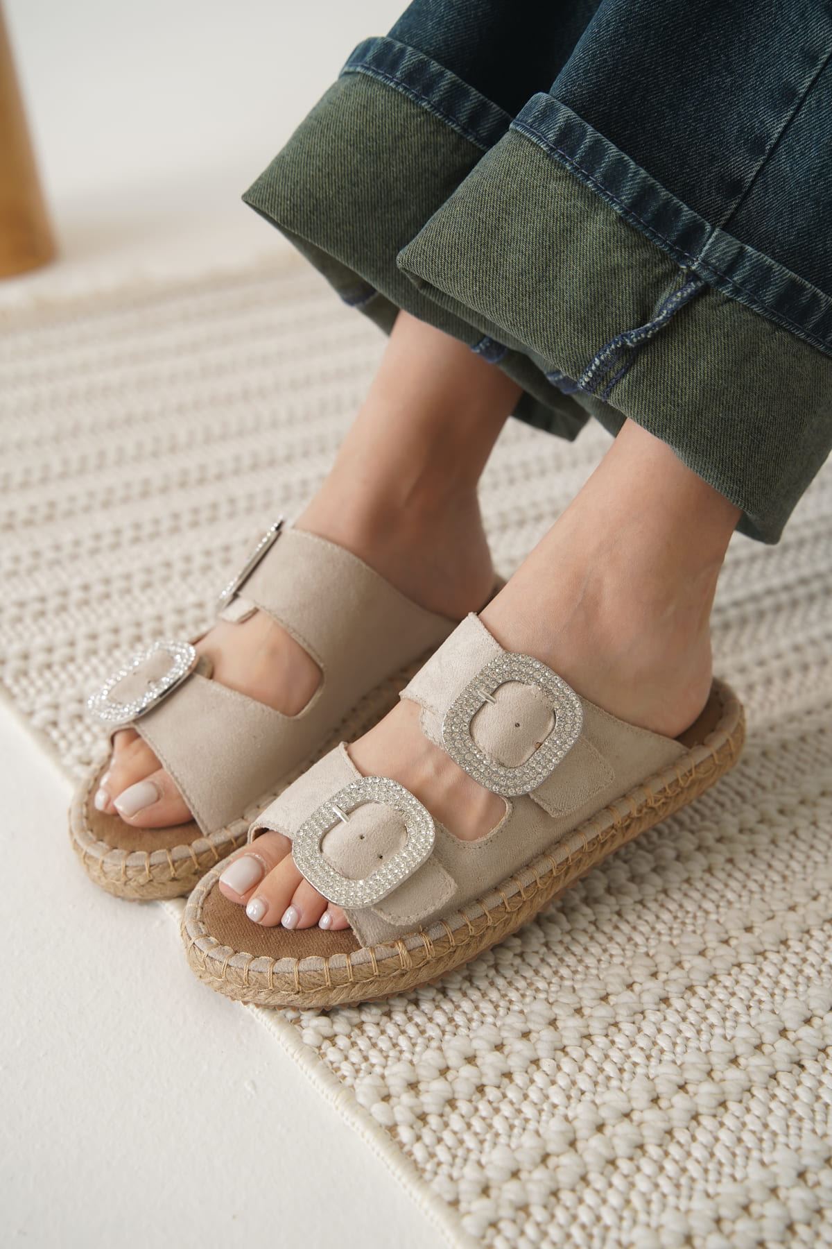 Tyna Premium Suede Beige Stoned Women's Slippers